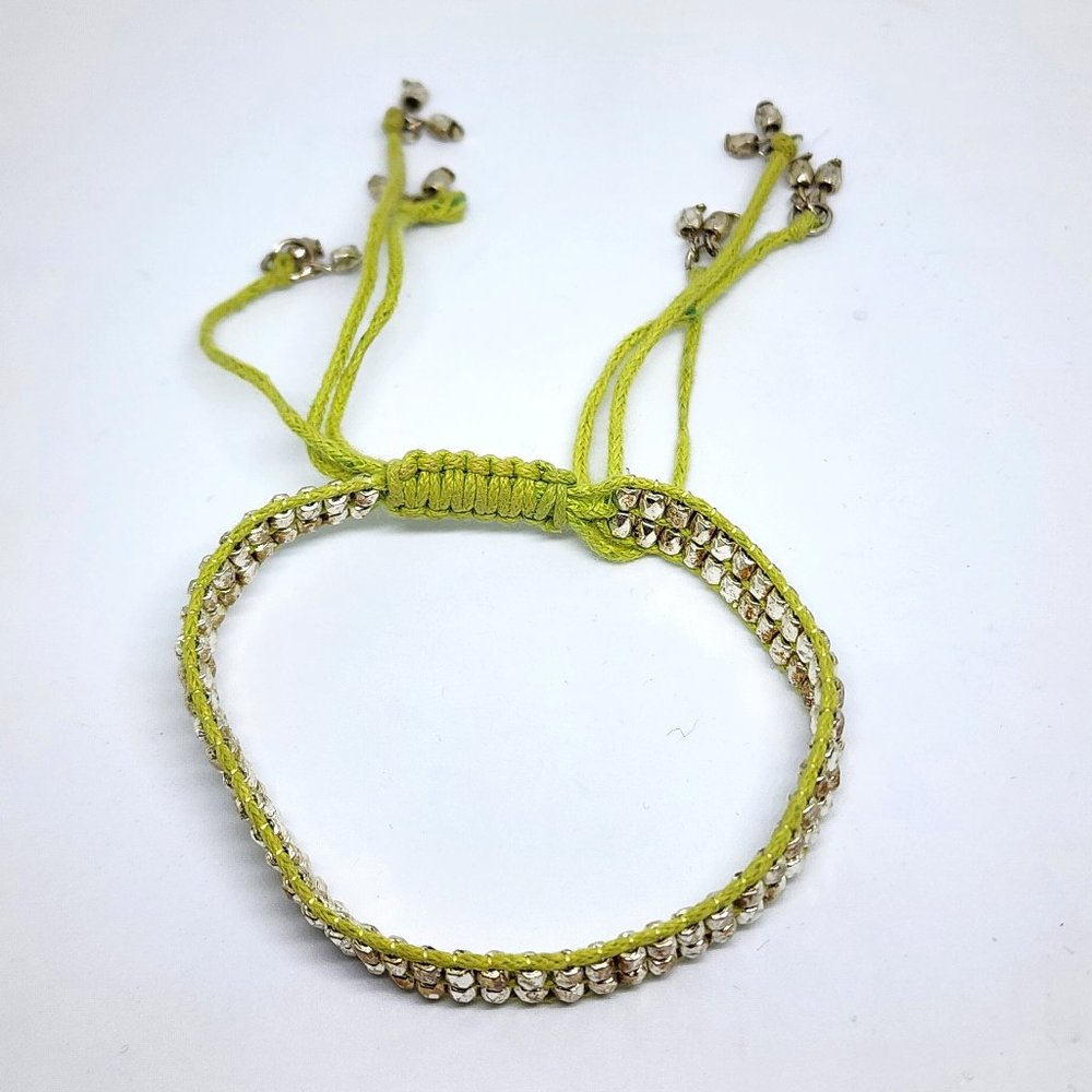 Lime Green Silver Bead Double Row Adjustable Lariat Bracelet